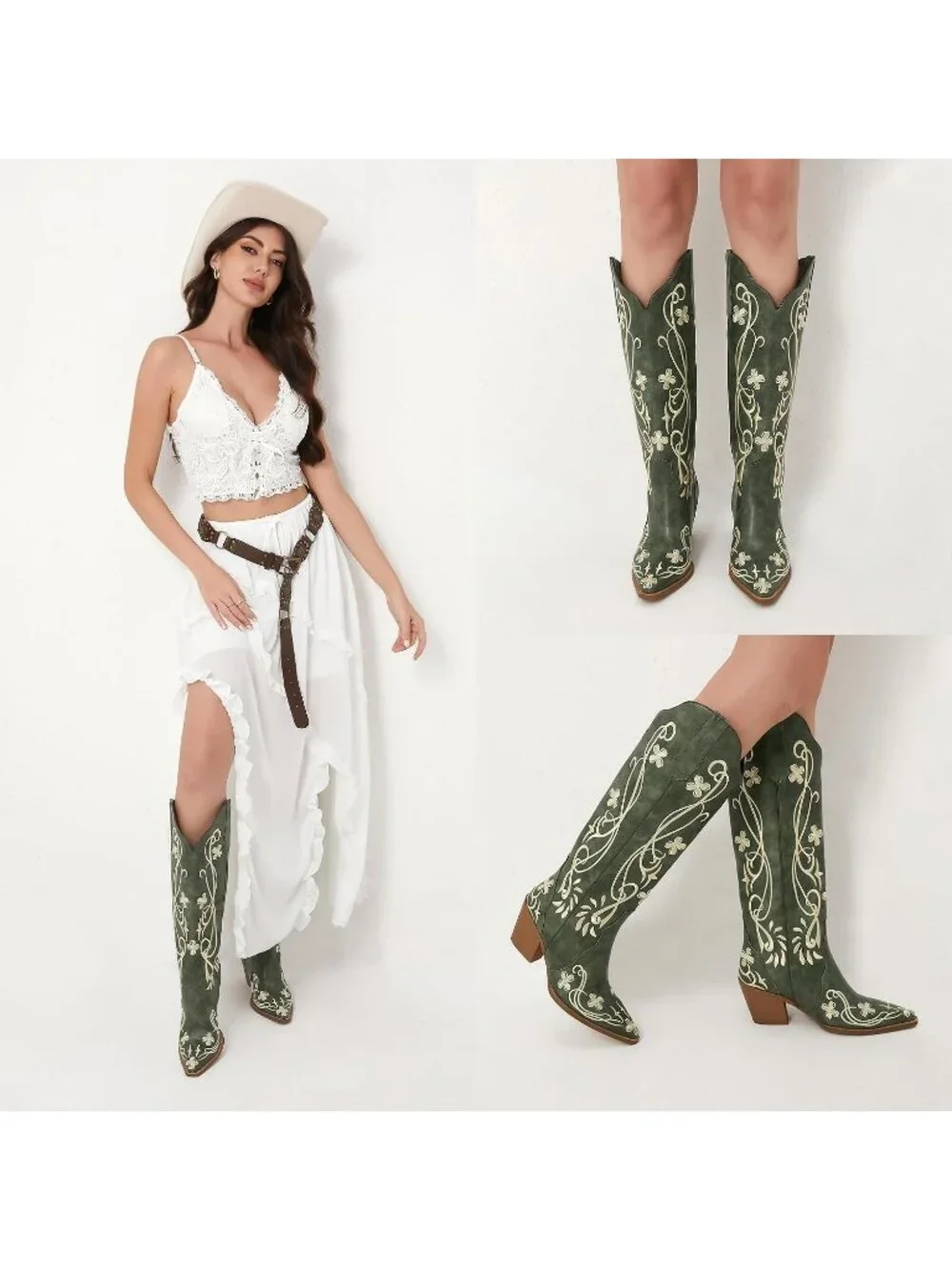 Women's Green pu Knee High Floral Embroidered Vintage Cowgirl Boots